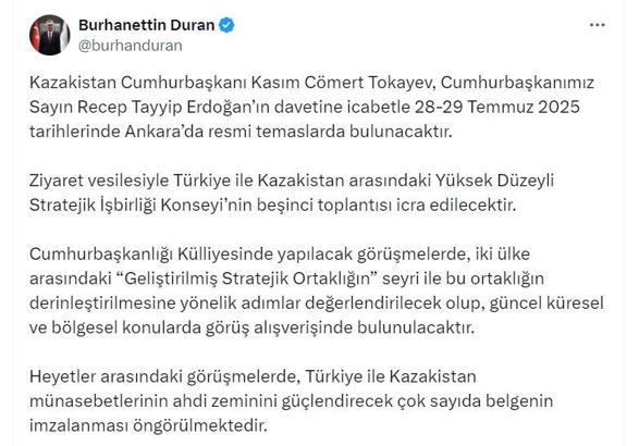 Kazakistan Cumhurbaşkanı Tokayev, Türkiye'ye geliyor