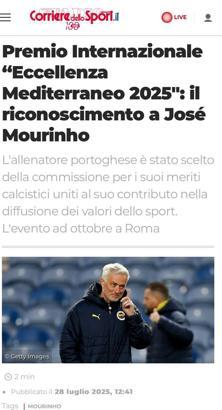 Jose Mourinho, Uluslararası "Akdeniz Mükemmellik Ödülü" törenine davet edildi