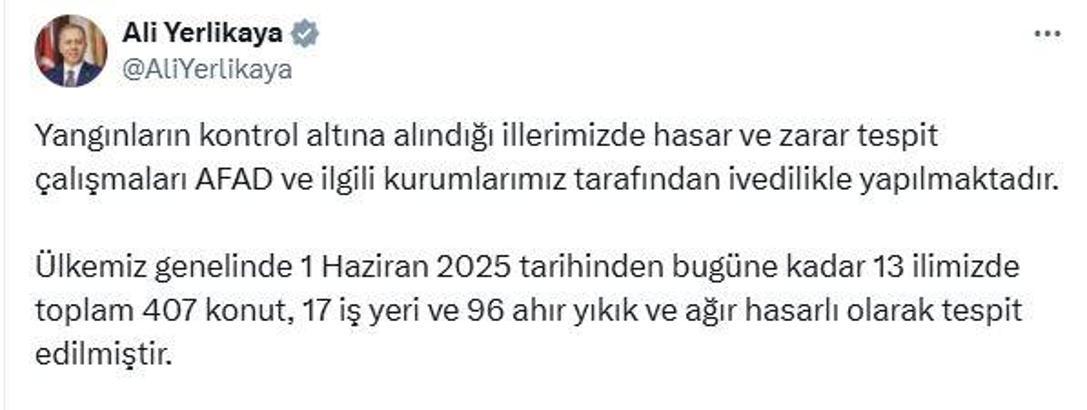 Bakan Yerlikaya: Yangınlardan 407 konut etkilendi, 128,4 milyon ödenek gönderildi