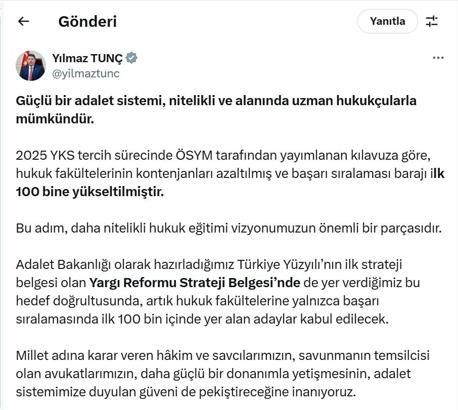 Bakan Tunç: Artık hukuk fakültelerine ilk 100 bin kabul edilecek