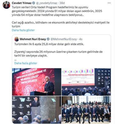 Cevdet Yılmaz: Turizm sektörünün 64 milyar dolar hedefine ulaşmasını bekliyoruz