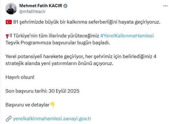 Bakan Kacır: Yerel Kalkınma Hamlesi Teşvik Programımıza başvurular başladı