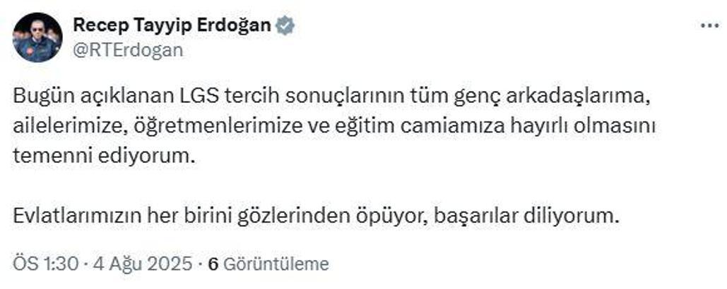 Cumhurbaşkanı Erdoğan: LGS tercih sonuçları eğitim camiamıza hayırlı olsun