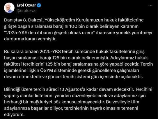 YÖK Başkanı Özvar: Hukuk fakültelerine tercih 125 bin barajına göre yapılabilecek