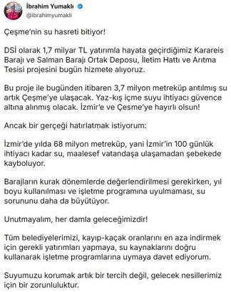 Bakan Yumaklı: Çeşme'nin su hasreti bitiyor