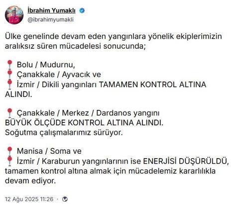 Bakan Yumaklı: 5 yangın kontrol altına alındı