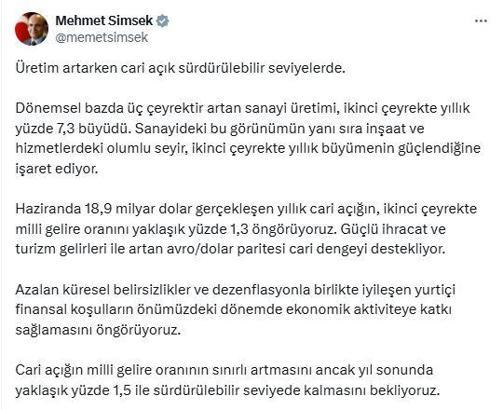 Bakan Şimşek: Cari açığın sürdürülebilir seviyede kalmasını bekliyoruz