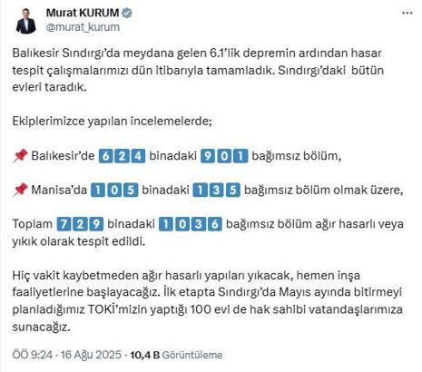 Bakan Kurum: Balıkesir'de 729 binadaki 1036 bağımsız bölüm ağır hasarlı veya yıkık