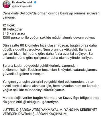 Bakan Yumaklı: Çanakkale Gelibolu'daki yangına müdahalemiz devam ediyor