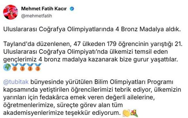 Bakan Kacır'dan Uluslararası Coğrafya Olimpiyatı’nda ödül kazanan öğrencilere tebrik