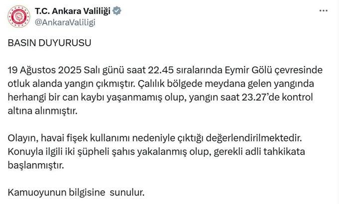 Eymir Gölü yakınlarında çıkan yangının nedeni havai fişek; 2 gözaltı