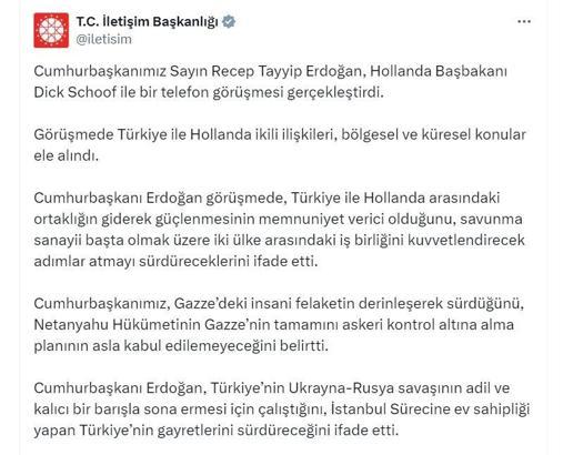 Cumhurbaşkanı Erdoğan, Hollanda Başbakanı Schoof ile telefonda görüştü