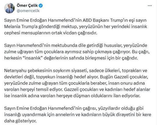 AK Parti'li Çelik: Emine Erdoğan'ın mektubu, insanlık cephesinin vicdan çağrısıdır