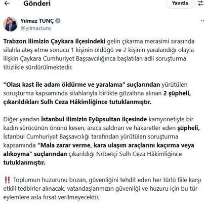 Bakan Tunç: Yol kesmeye 3, meskun mahalde ateş açmaya 5 yıla kadar hapis geliyor