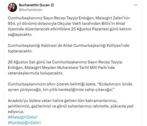 Cumhurbaşkanı Erdoğan, Malazgirt Zaferi kutlamalarına katılacak
