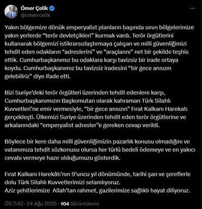 AK Parti'li Çelik'ten Fırat Kalkanı Harekatı'nın 9'uncu yıl dönümüne ilişkin paylaşım