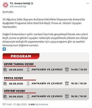 Ankara Valiliği, SoloTürk uçuş programını paylaştı