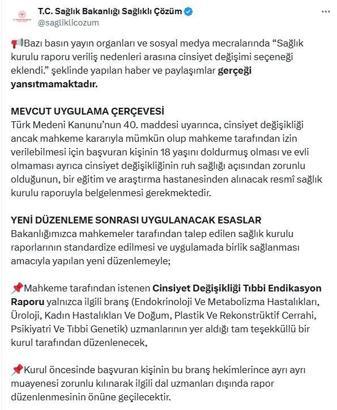 Bakanlıktan 'sağlık kurulu raporu veriliş nedenleri arasına cinsiyet değişimi seçeneği eklendi’ iddiasına açıklama
