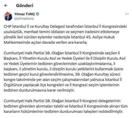 Bakan Tunç: CHP İstanbul Kongresiyle ilgili ara karar ihtiyati tedbir niteliğinde