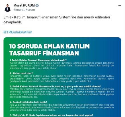 Bakan Kurum paylaştı; 10 soruda Emlak Katılım Tasarruf Finansman