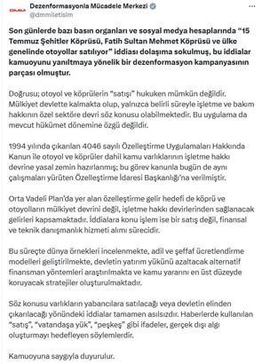 DMM'den 'köprü ve otoyollar satılıyor' iddialarına ilişkin açıklama