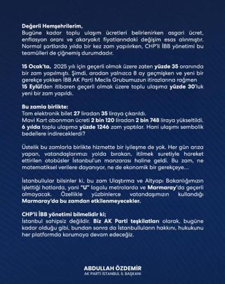 İstanbul- AK Parti İl Başkanı Özdemir: Toplu ulaşım zammı 'U' logolu metrolar ve Marmaray'da olmayacak