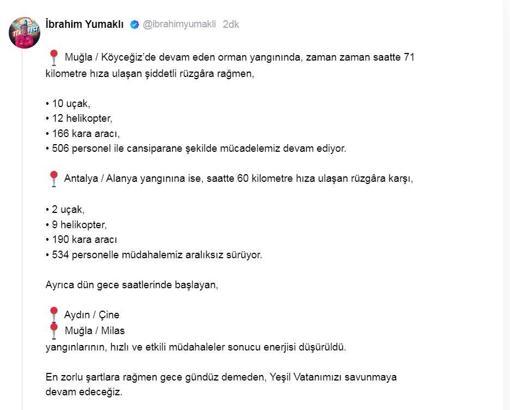 Bakan Yumaklı'dan 3 ildeki orman yangınına ilişkin açıklama