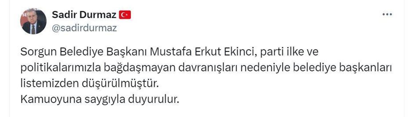 MHP'li Durmaz: Sorgun Belediye Başkanı, belediye başkanları listemizden düşürüldü