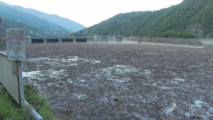 Sel gitti çöpü kaldı; rengi değişen baraj gölü odunlarla doldu