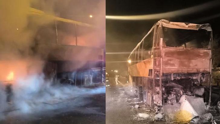 Adana'da seyir halindeki yolcu otobüsü yandı