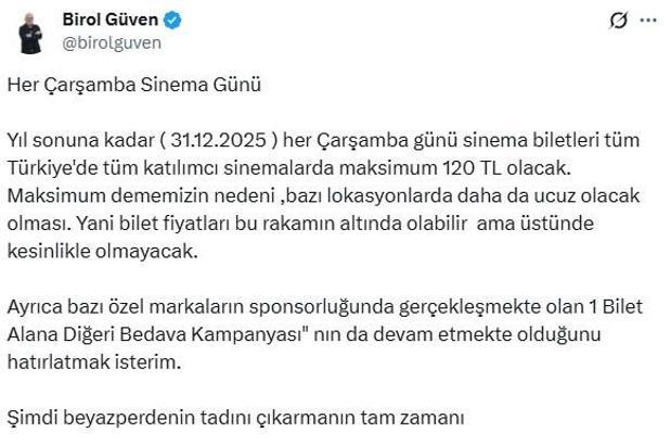 Birol Güven: Her çarşamba sinema biletleri maksimum 120 TL olacak