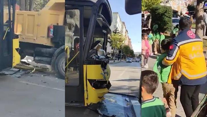 Belediye otobüsü, kamyona yandan çarptı; 22 öğrenci yaralandı