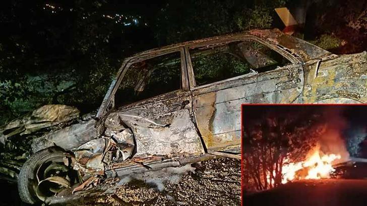 Bursa’da, ciple kafa kafaya çarpışan otomobil alev aldı