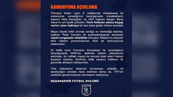 Başakşehir’den, MHK’ye tepki