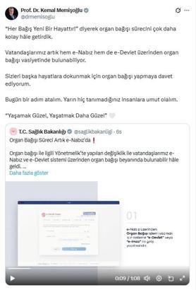 Bakan Memişoğlu: Vatandaşlarımız hem e-Nabız hem de e-Devlet üzerinden organ bağışı vasiyetinde bulunabiliyor