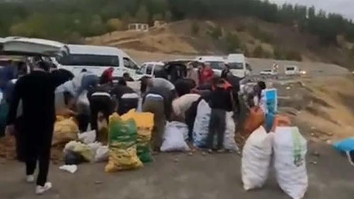 Arızalanan kamyonetindeki patatesleri ücretsiz dağıttı