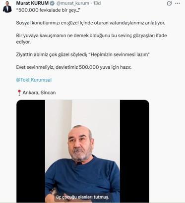 Bakan Kurum'dan 'sosyal konut' paylaşımı: Devletimiz 500 bin yuva için hazır