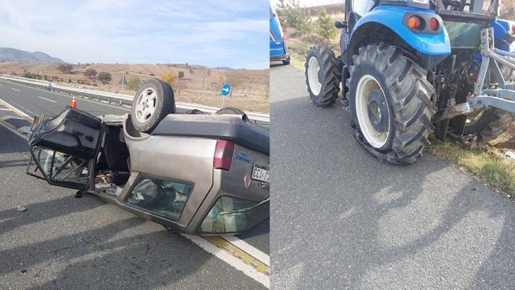 Traktöre çarpan otomobil devrildi: 5 yaralı