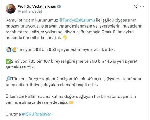 Bakan Işıkhan: 1 milyon 298 bin 953 işe yerleştirmeye aracılık ettik