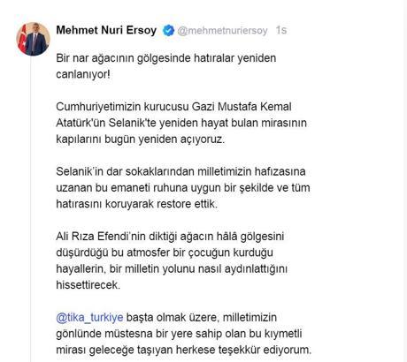 Bakan Ersoy'dan 'Selanik Atatürk Evi' için videolu paylaşım