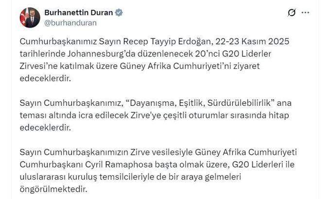 Cumhurbaşkanı Erdoğan, Güney Afrika Cumhuriyeti'ne gidecek