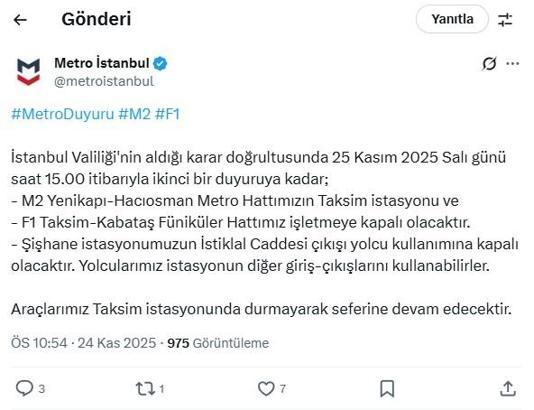 İstanbul - Taksim'deki metro istasyonları geçici süreyle kapatılacak
