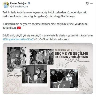 Emine Erdoğan, Türk kadınının seçme ve seçilme hakkını elde edişinin 91'inci yıl dönümünü kutladı