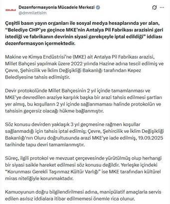 DMM’den Antalya Pil Fabrikası arazisinin devrinin siyasi gerekçeyle iptal edildiği iddiasına ilişkin açıklama