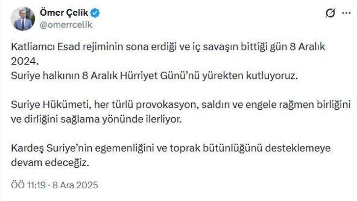 AK Parti'li Çelik: Suriye halkının 'Hürriyet Günü'nü yürekten kutluyoruz