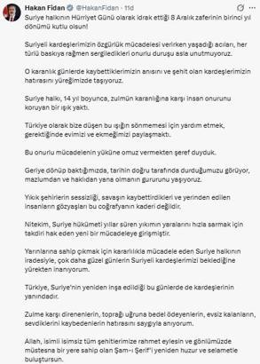 Bakan Fidan: Suriye'nin 8 Aralık zaferinin 1'inci yılı kutlu olsun