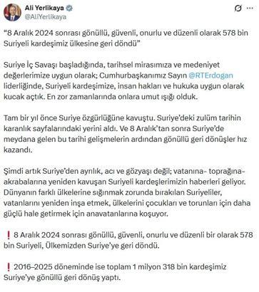Bakan Yerlikaya: 8 Aralık 2024 sonrası 578 bin Suriyeli ülkesine geri döndü