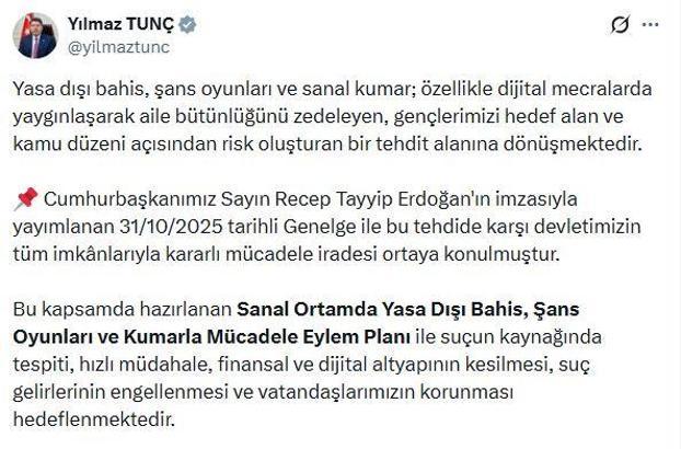 Bakan Tunç: Örgütlü şekilde işlenen yasa dışı bahis ve kumar suçlarında cezalar ağırlaştırılacak