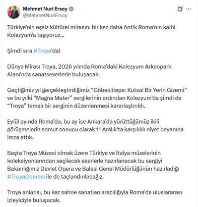 Bakan Ersoy: Dünya mirası Troya, Roma'da sanatseverlerle buluşacak
