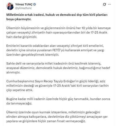 Bakan Tunç: Devletimize diz çöktürmeyi amaçlayan şer yapılara fırsat vermeyeceğiz